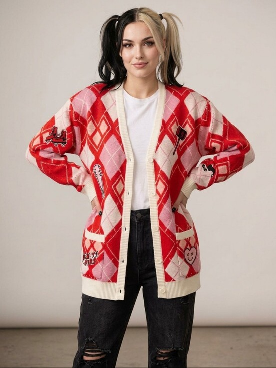 Harley Quinn Sweaters - Women's Harley Quinn Diamond V-neck Long Sleeves Cardigan Sweater  Medium